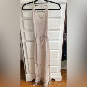 Nude knit beach cover up. Fringe hem drawstring waist size small-medium